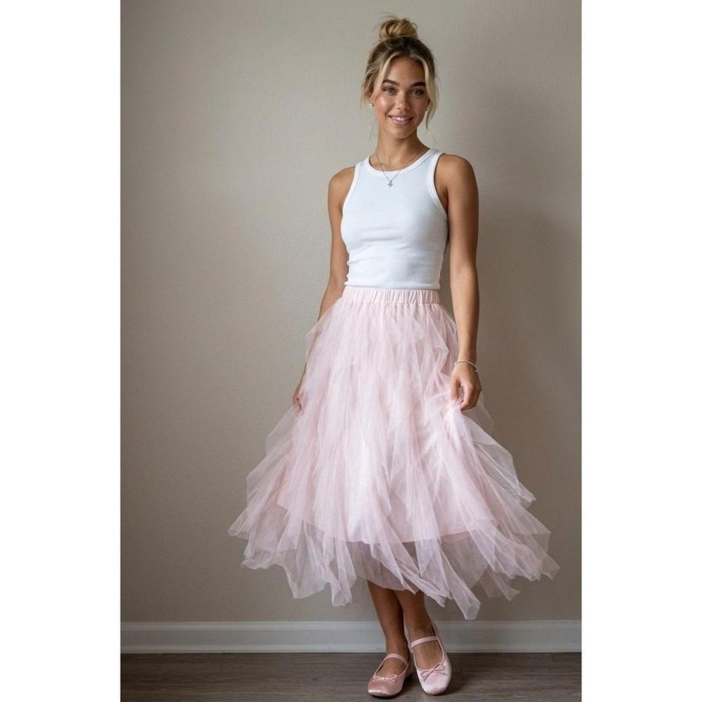 Pink Tulle Midi Skirt Couquette Balletcore Fairy Ruffle Y2K